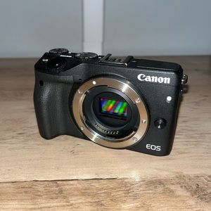 Black Canon camera with accessories